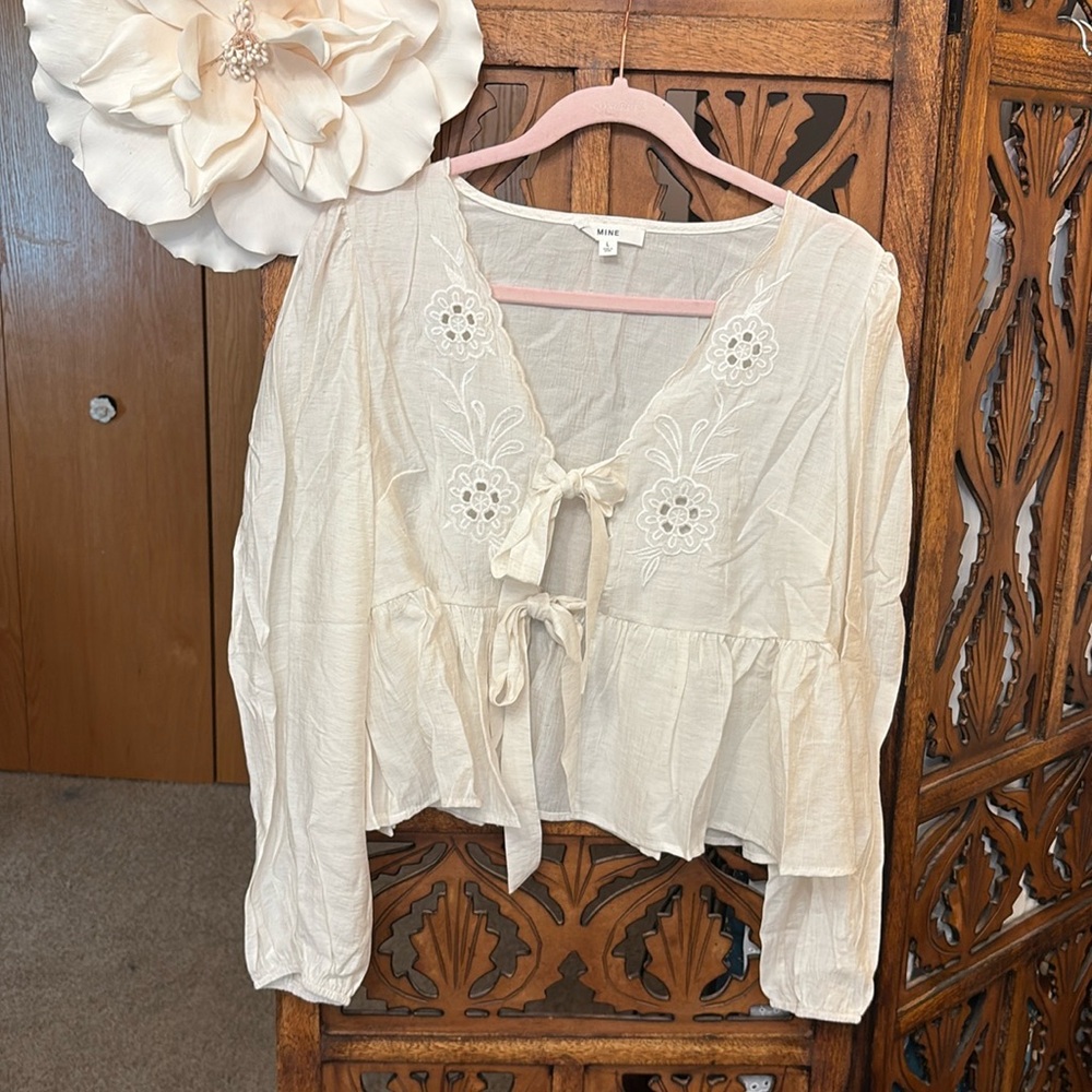 Pretty Cream/White Embroidered Tie-Front Peplum Blouse